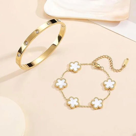 Gold Plated White 5 Clover Bangle Set