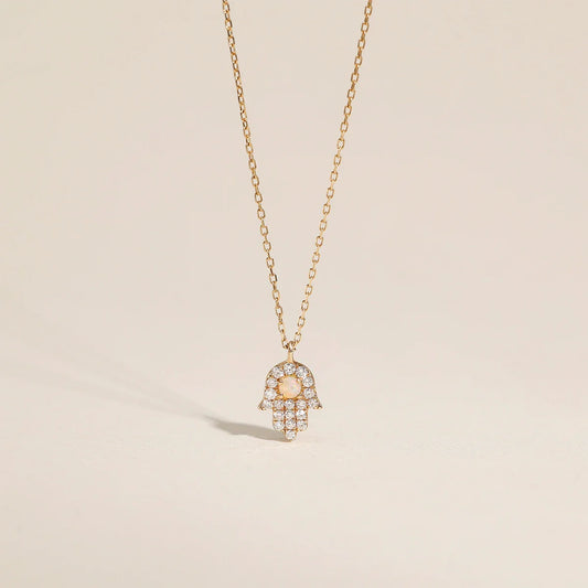 Hamsa Protection Necklace| 14K Gold Opal Diamond