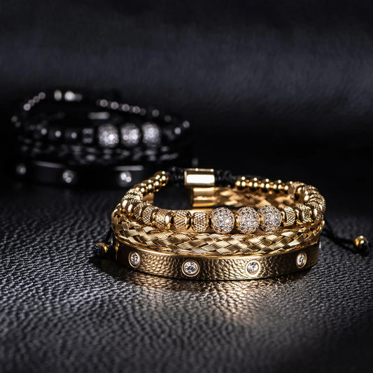 Unisex Gold 3pcs Luxury Zircon Pave Bangles