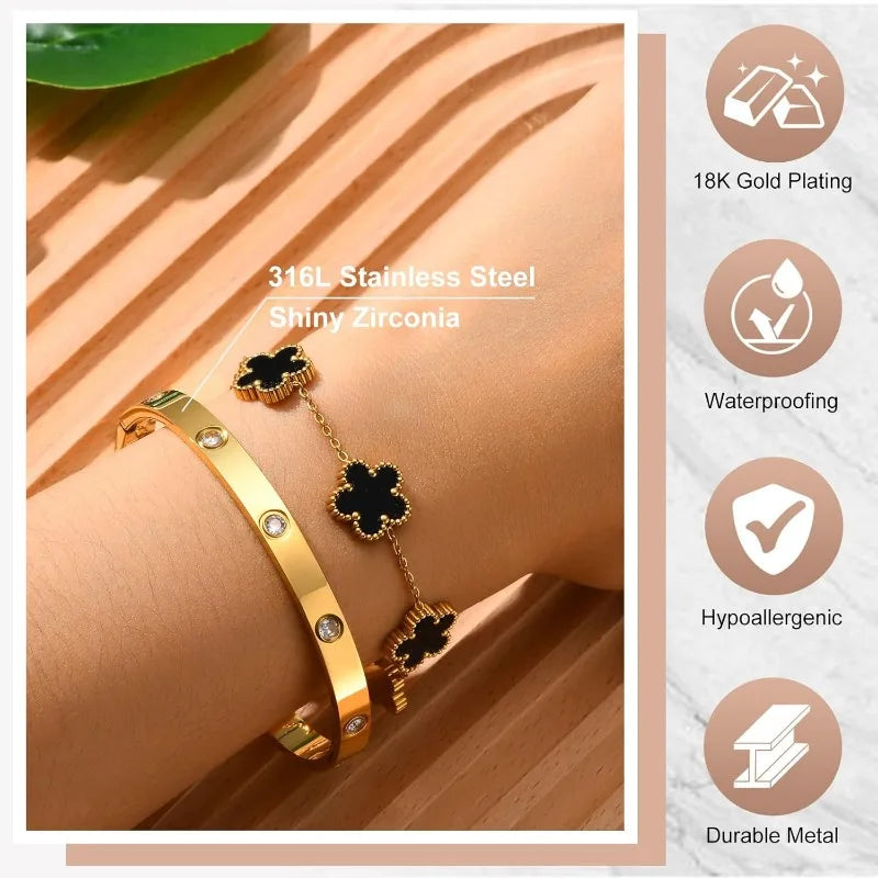 2 Pcs Black Silver 14K Gold Plated Stackable Bracelets