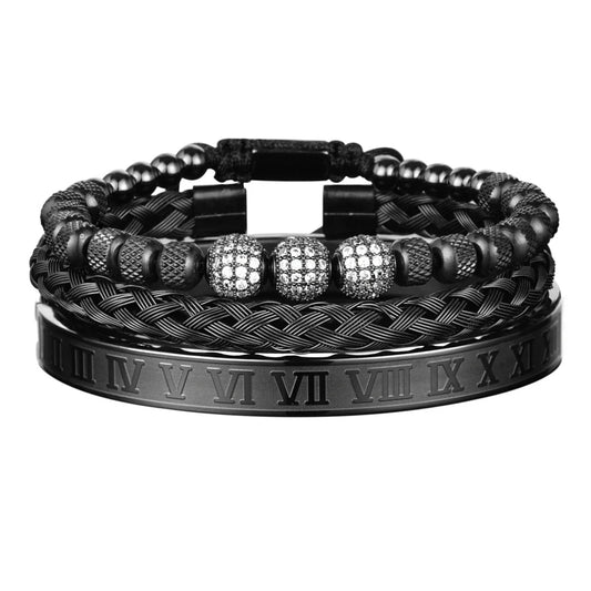 Unisex Black Numeral 3pcs Luxury Zircon Pave Bangles