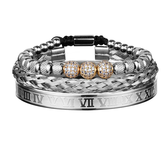 Unisex Silver Rose Roman Numeral 3pcs Luxury Zircon Pave Bangles