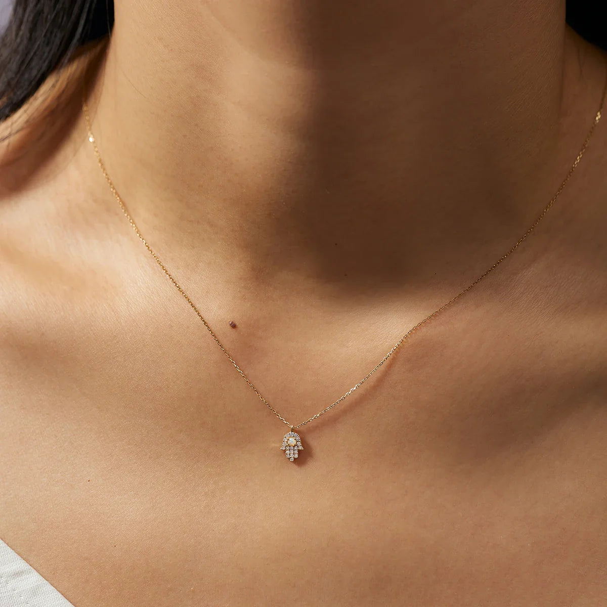 Hamsa Protection Necklace| 14K Gold Opal Diamond